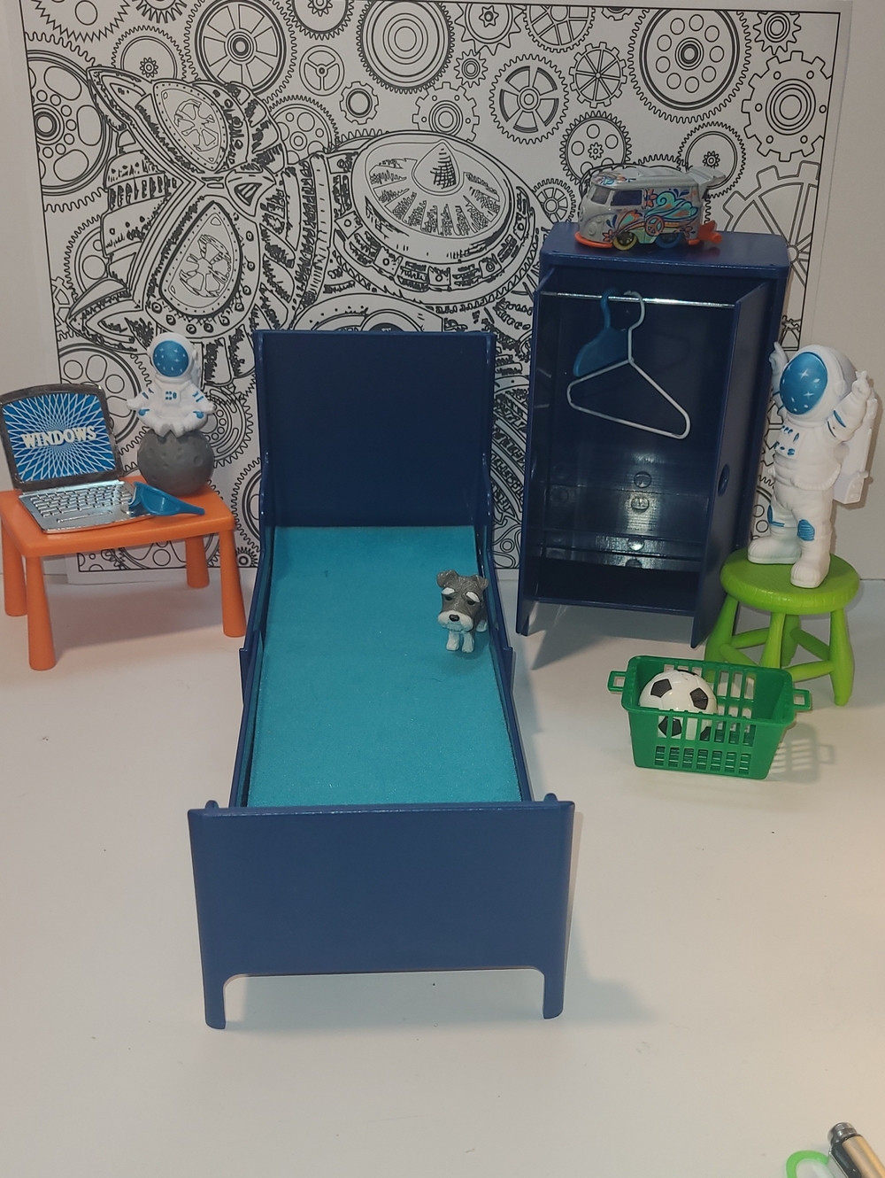 IKEA Blue Doll Bed and Wardrobe Playset Semi-complet For 1:12 dollhouse ,Barbir